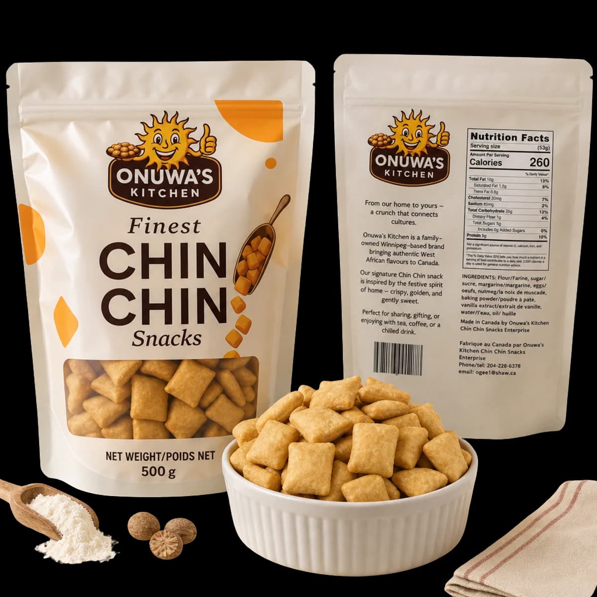 The chin chin pack front and back, with a bowl of the snacks and its ingredients
